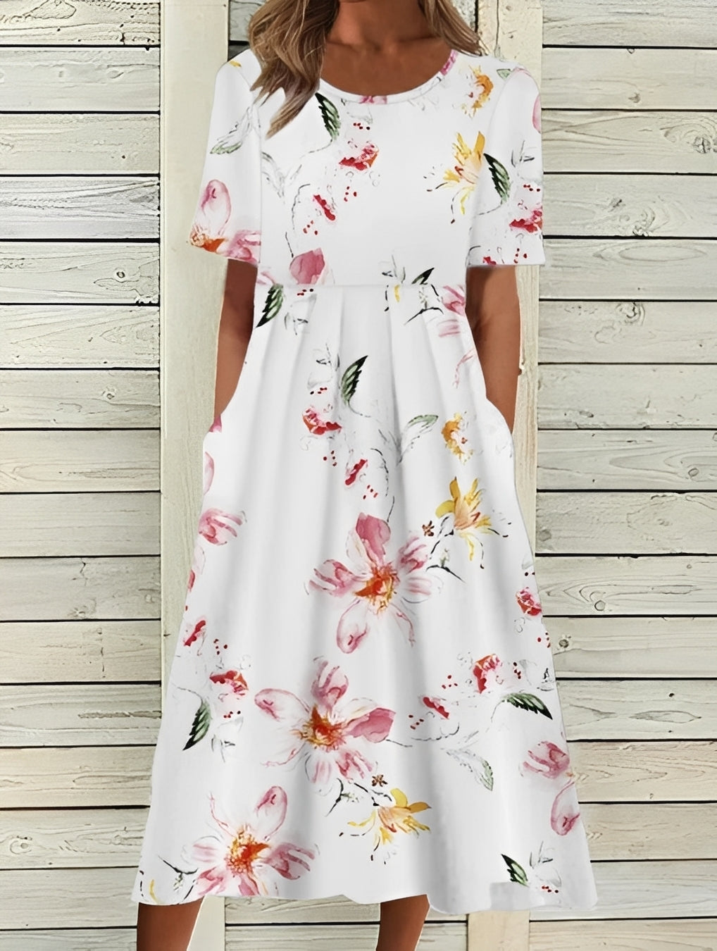Robe Midi Femme Élégante à Motif Floral et Coupe Fluide