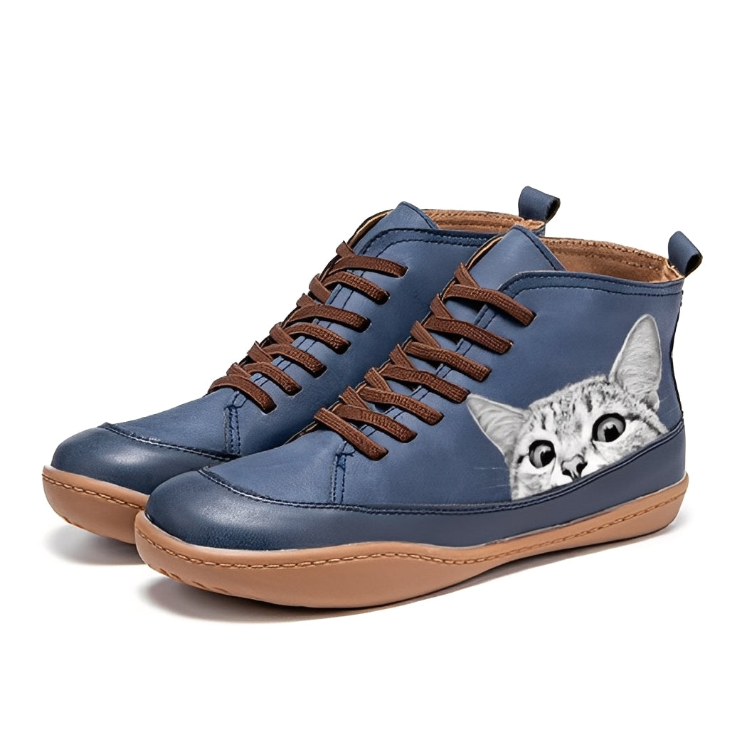Bottines Femme en Cuir avec Motif Chat | Élégance et Charme Ludique