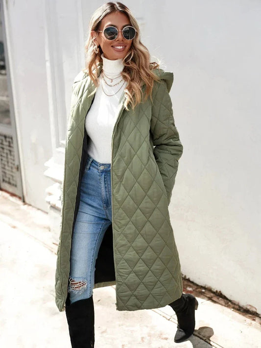 Isabeau | Manteau long femme léger matelassé avec capuche et zip