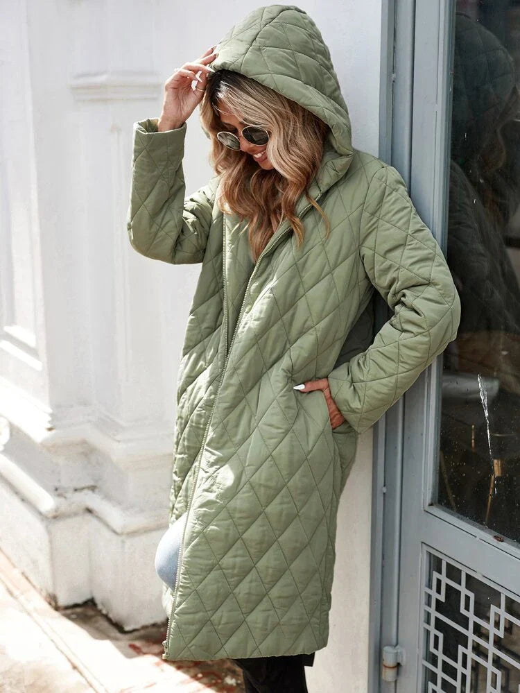 Isabeau | Manteau long femme léger matelassé avec capuche et zip