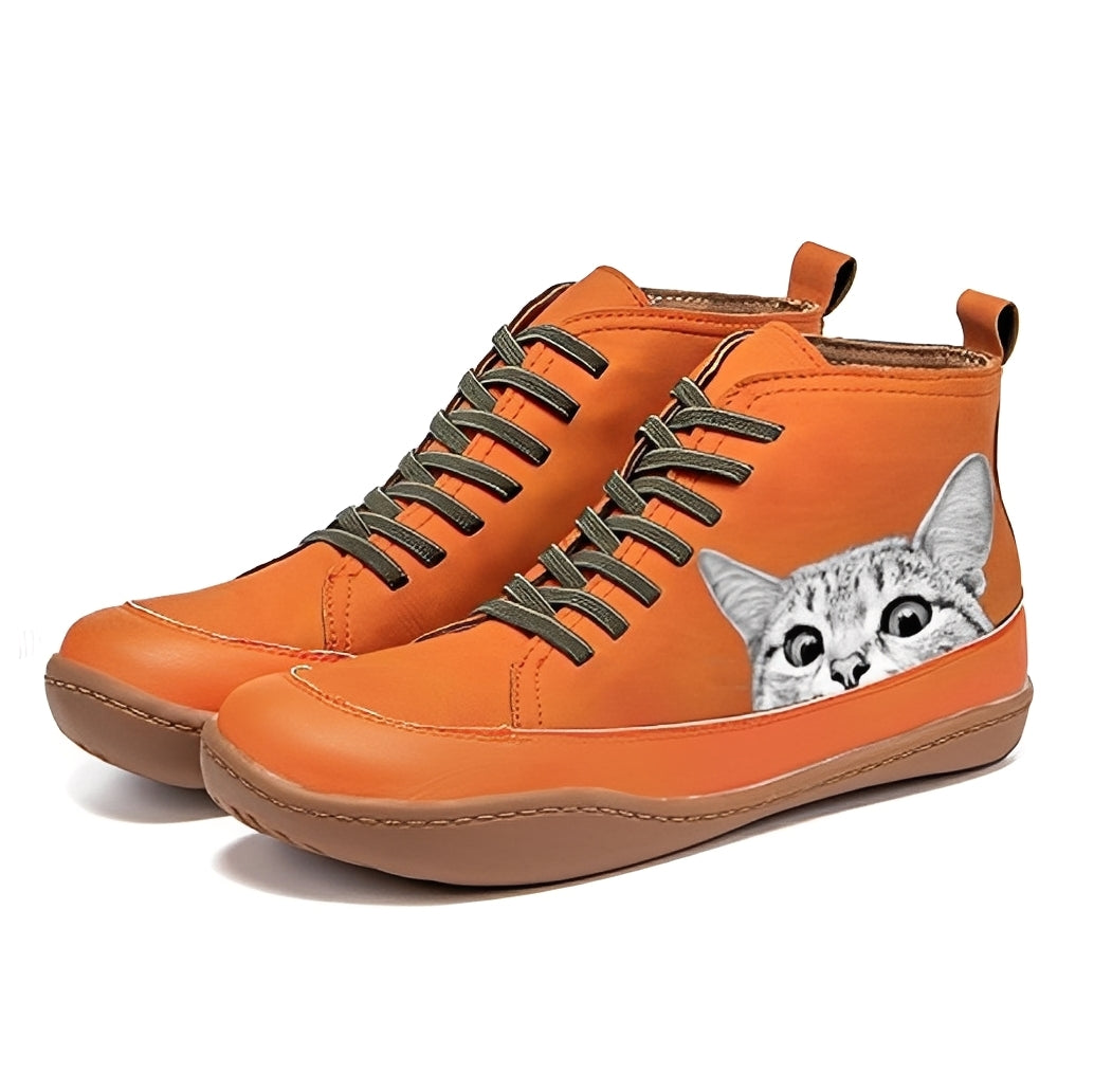 Bottines Femme en Cuir avec Motif Chat | Élégance et Charme Ludique