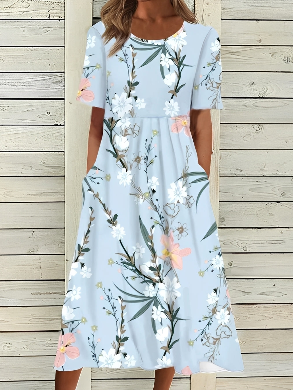 Robe Midi Femme Élégante à Motif Floral et Coupe Fluide