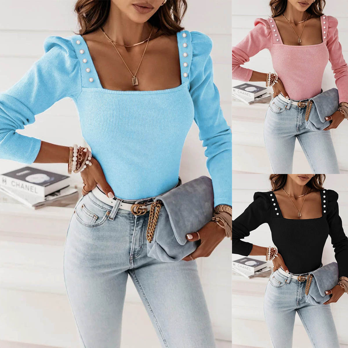 Top Femme Élégant à Col Carré avec Boutons Décoratifs et Coupe Ajustée