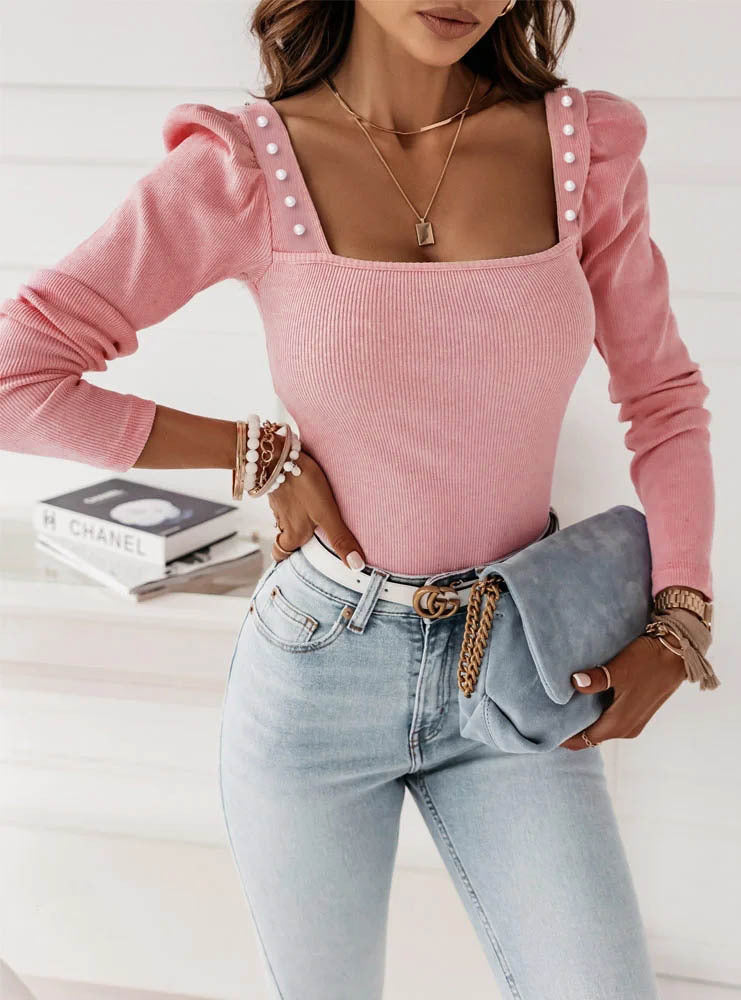 Top Femme Élégant à Col Carré avec Boutons Décoratifs et Coupe Ajustée