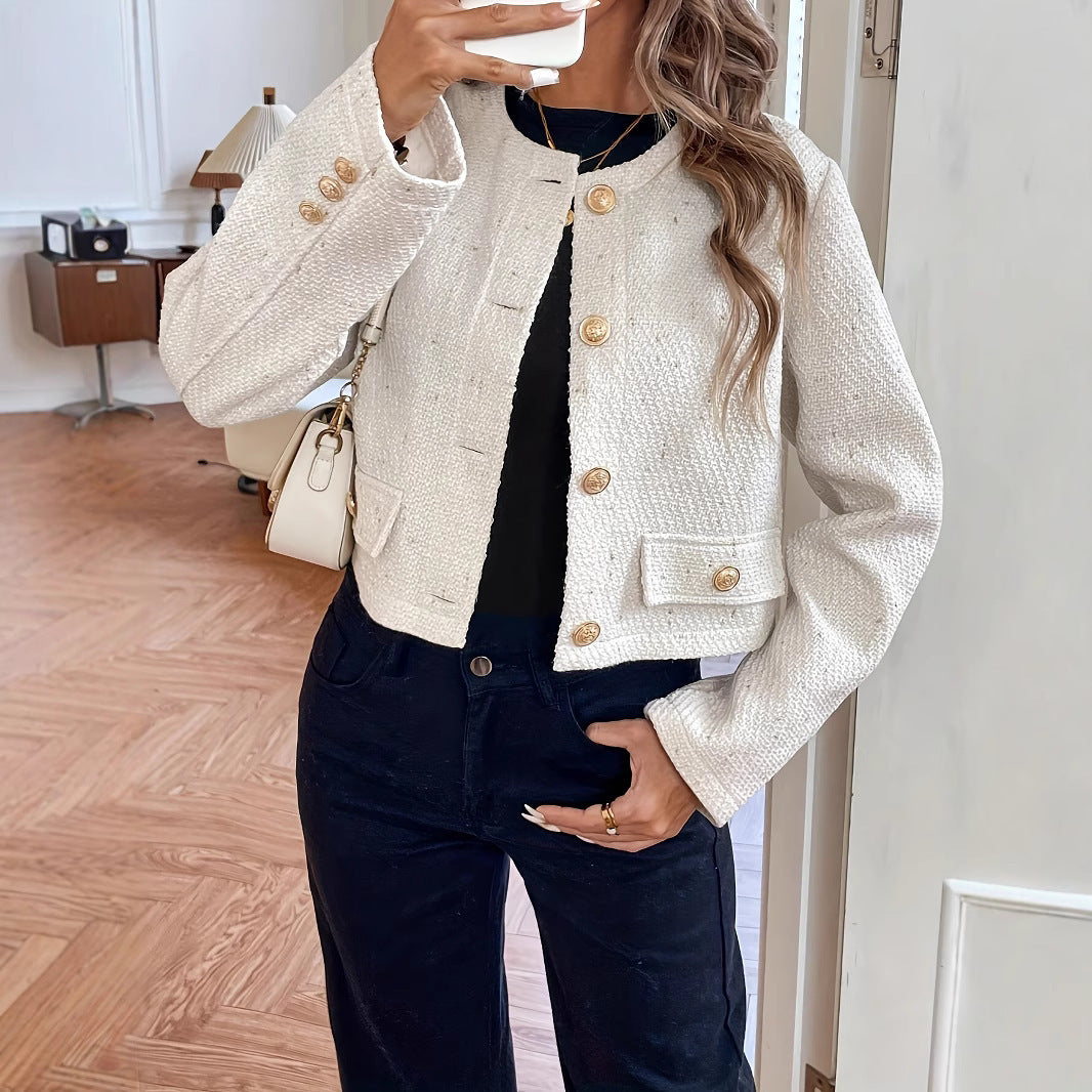 Anceline | Cardigan en Lin Texturé Beige avec Boutons Élégants