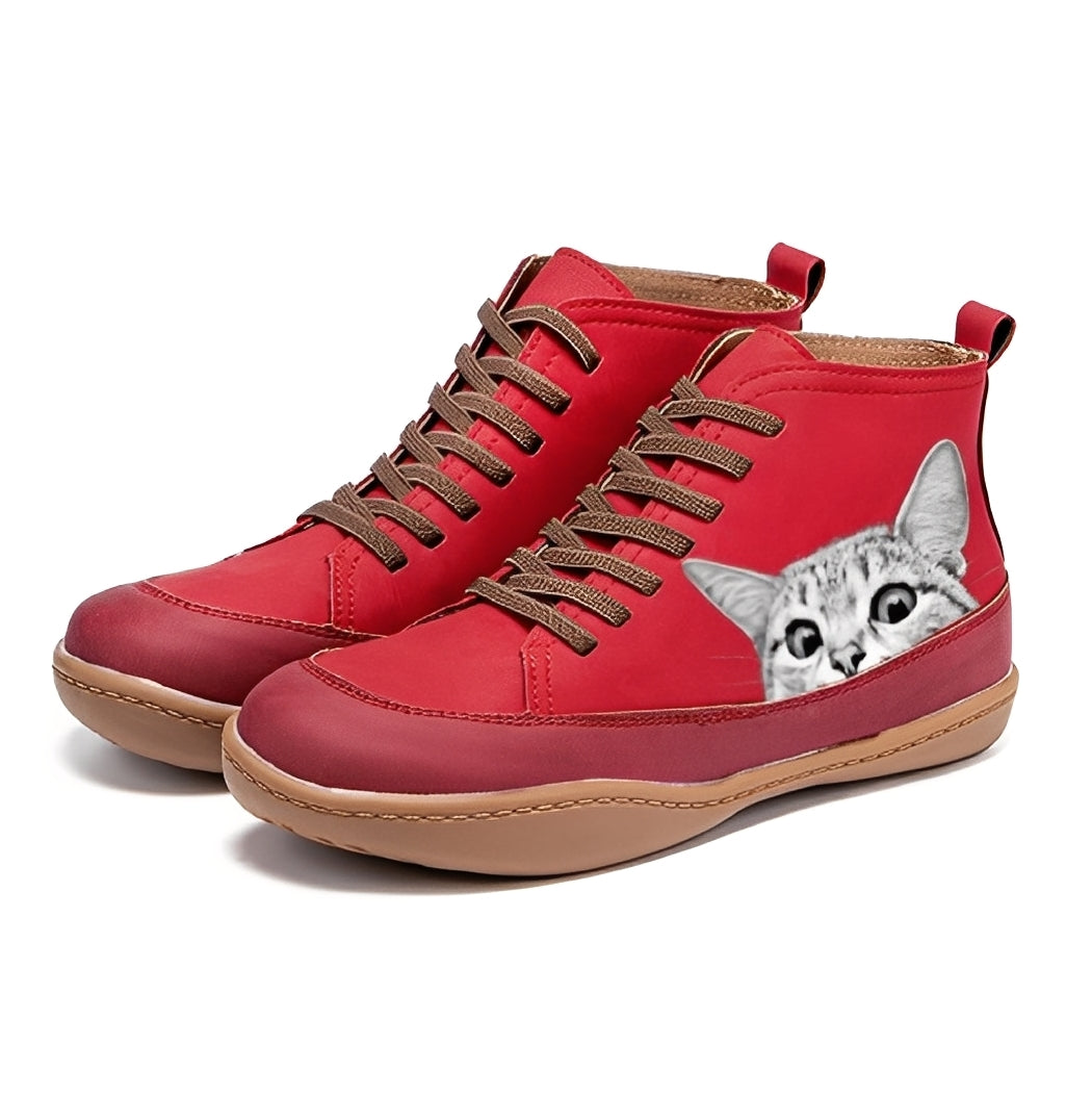 Bottines Femme en Cuir avec Motif Chat | Élégance et Charme Ludique