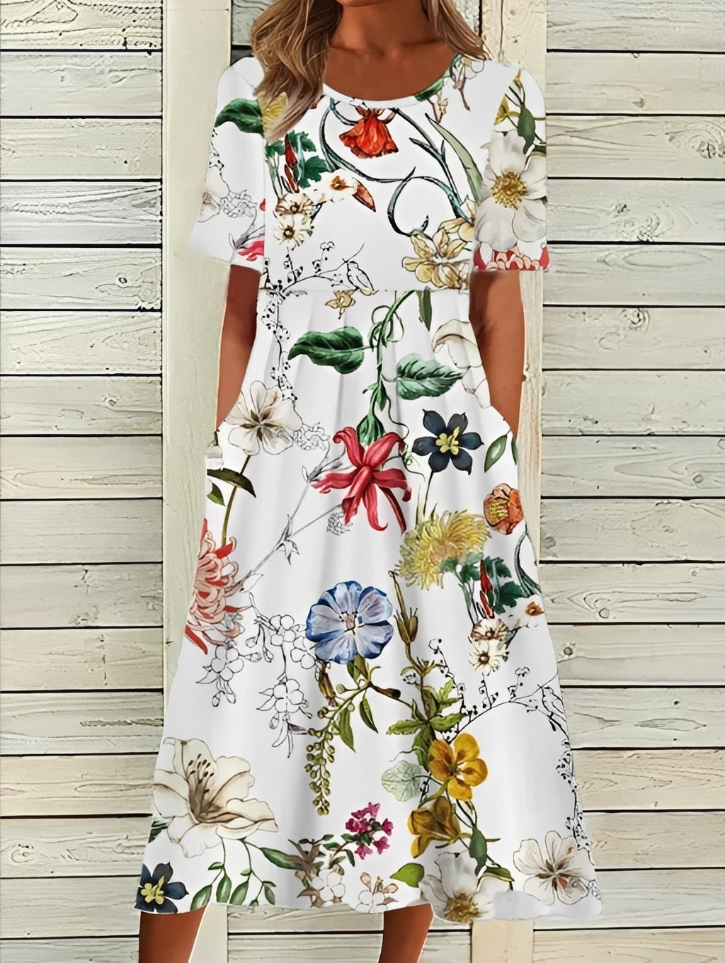 Robe Midi Femme Élégante à Motif Floral et Coupe Fluide