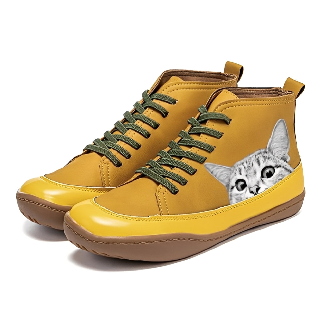 Bottines Femme en Cuir avec Motif Chat | Élégance et Charme Ludique