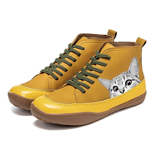 Bottines Femme en Cuir avec Motif Chat | Élégance et Charme Ludique