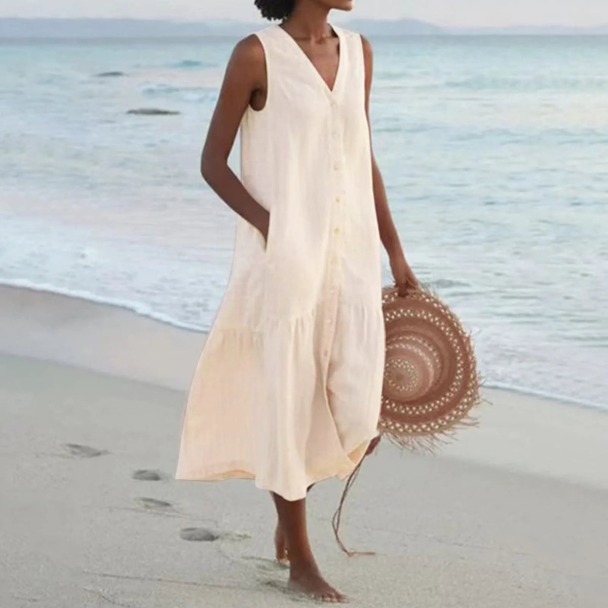 Robe Élégante à Col V – Charme Printanier & Élégance Féminine