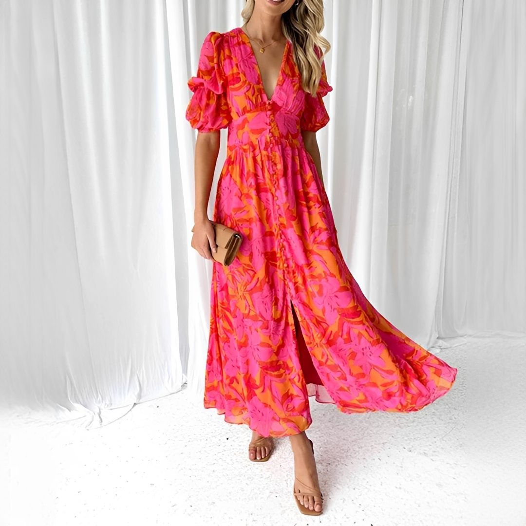 Robe Maxi Femme à Col V – Élégance Classique avec Manches Bouffantes