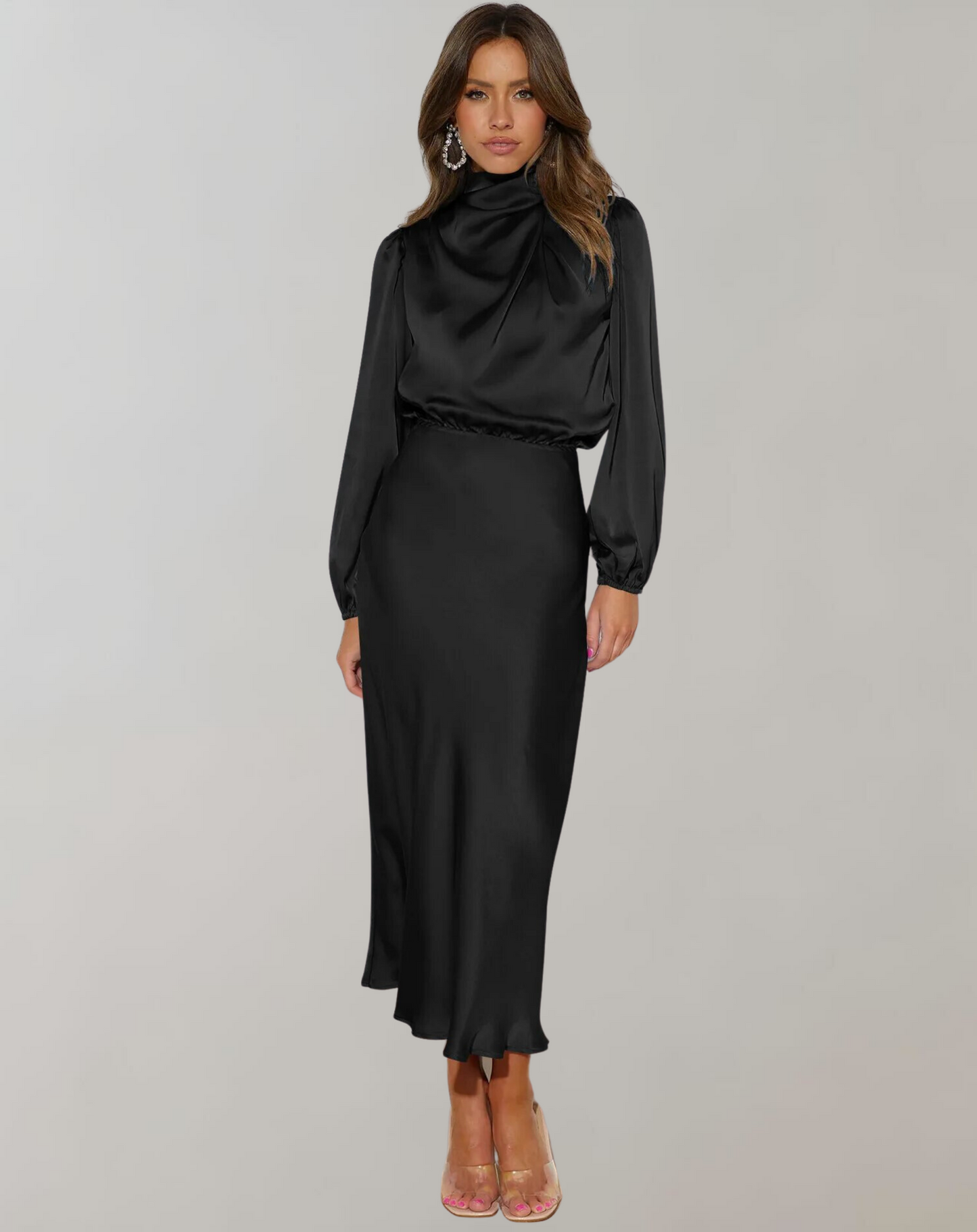 Justine | Robe de Soirée Satinée à Manches Bouffantes et Col Montant