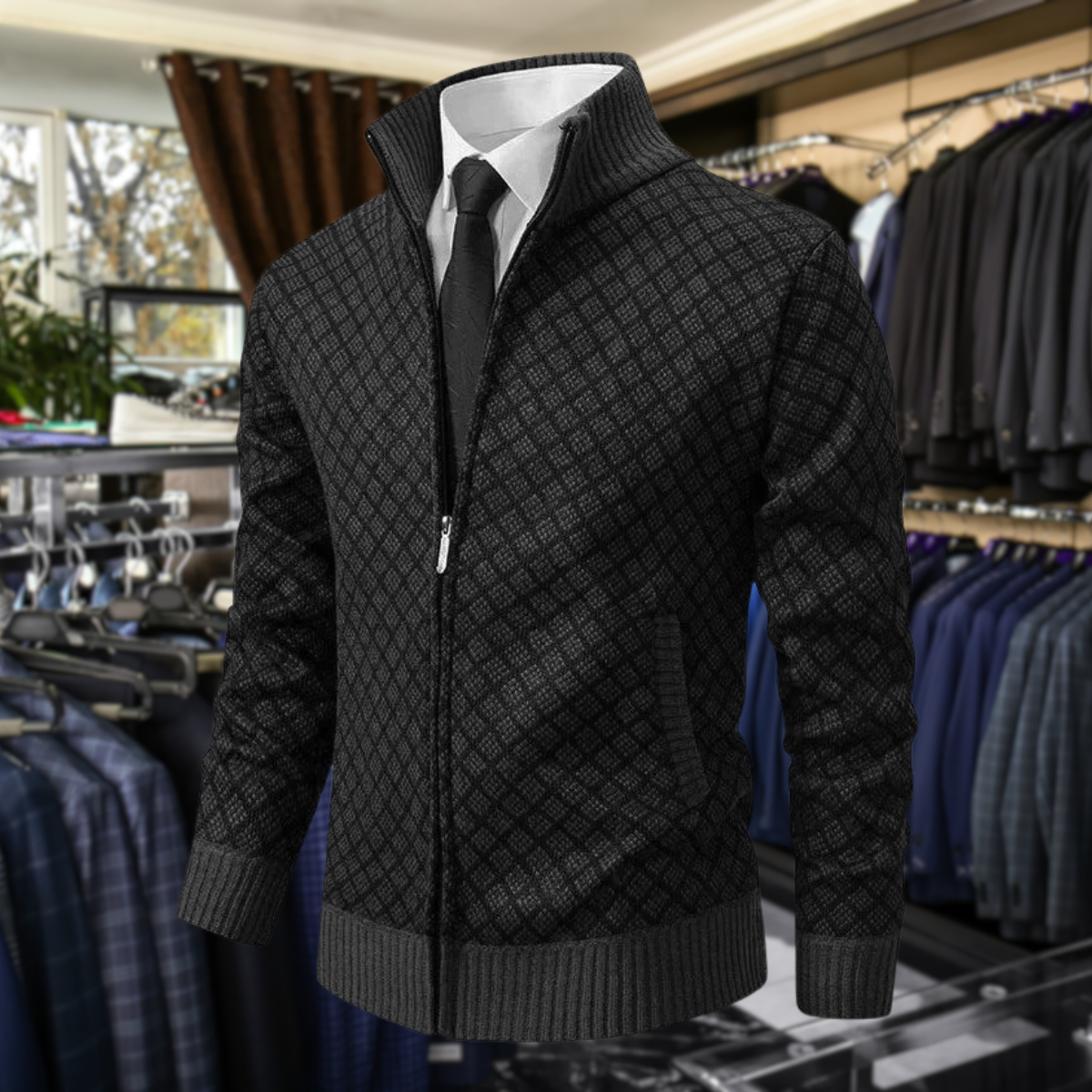 Cardigan Homme à Motif Géométrique et Fermeture Éclair