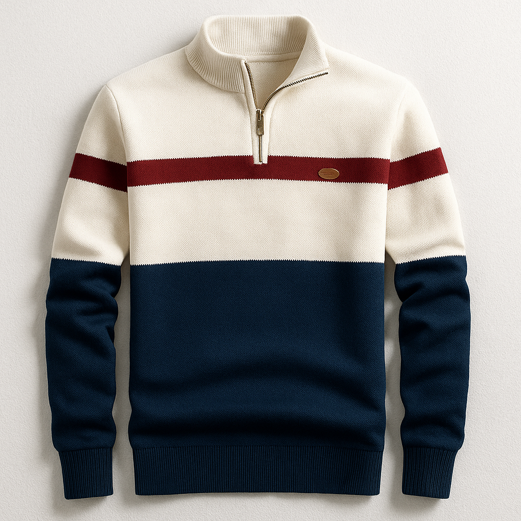 Pull Homme Demi-Zip à Rayures Bloc pour Style Hiver Moderne