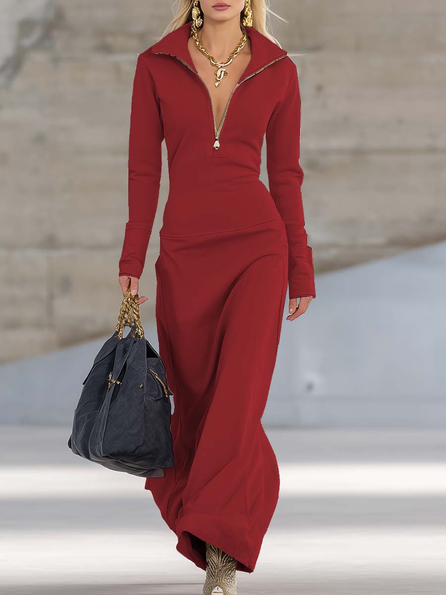 Zip-Collar Maxidress Femme | Élégance Moderne et Silhouette Flatteuse