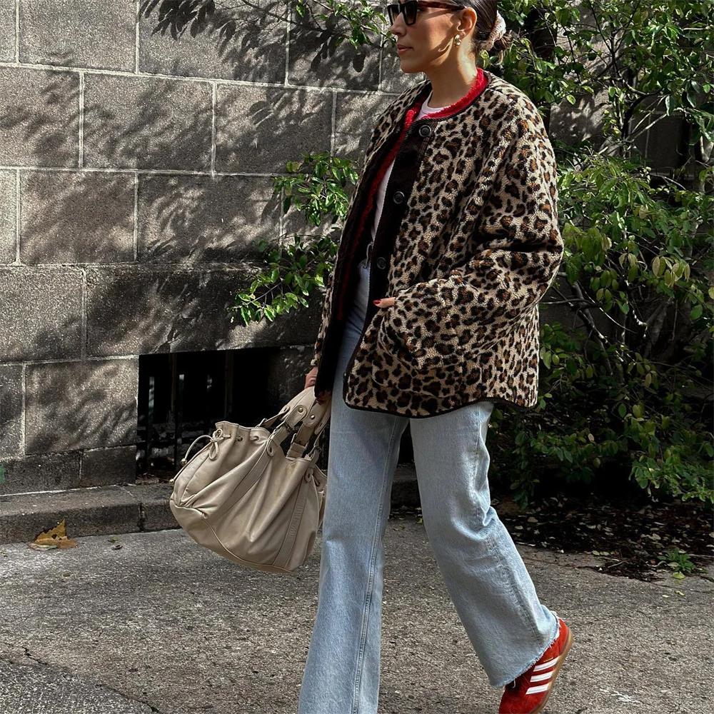 Florette | Veste d’Hiver Femme à Imprimé Léopard, Boutonnée et Coupe Large