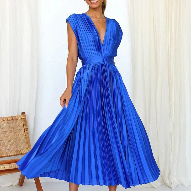 Robe plissée élégante à col V – Féminité, légèreté & élégance intemporelle