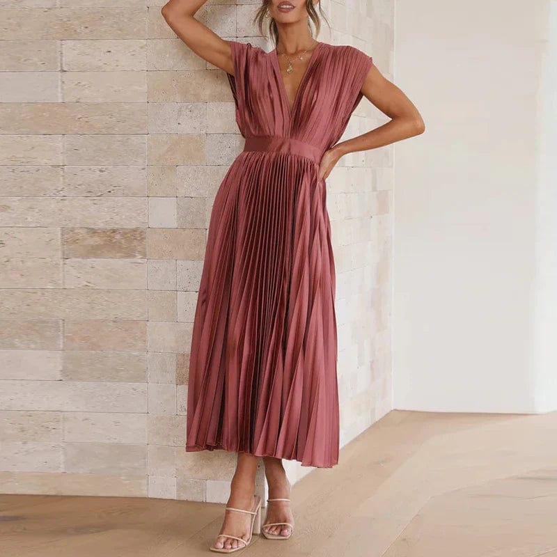 Robe plissée élégante à col V – Féminité, légèreté & élégance intemporelle