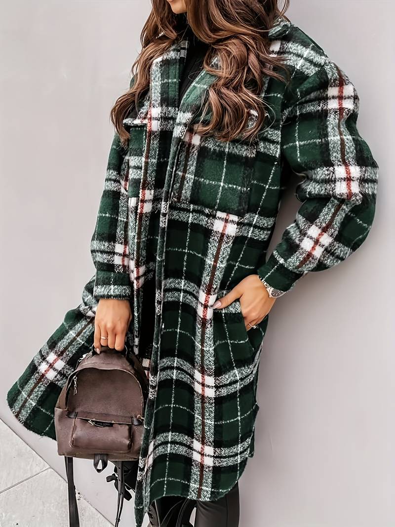 Véronique | Manteau Long Femme à Carreaux avec Boutons et Poche Poitrine