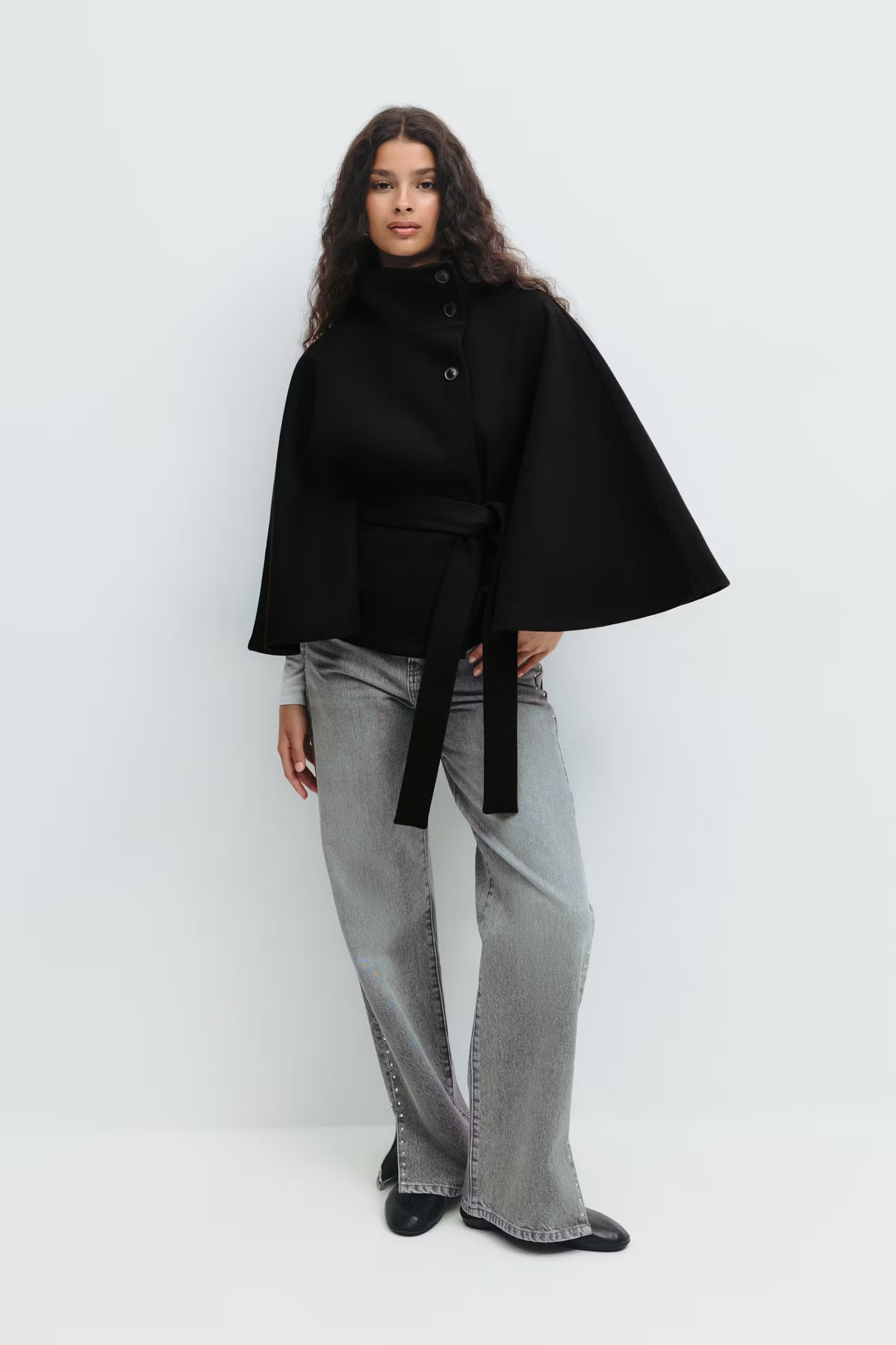 Cape Élégante Femme avec Ceinture et Col Montant