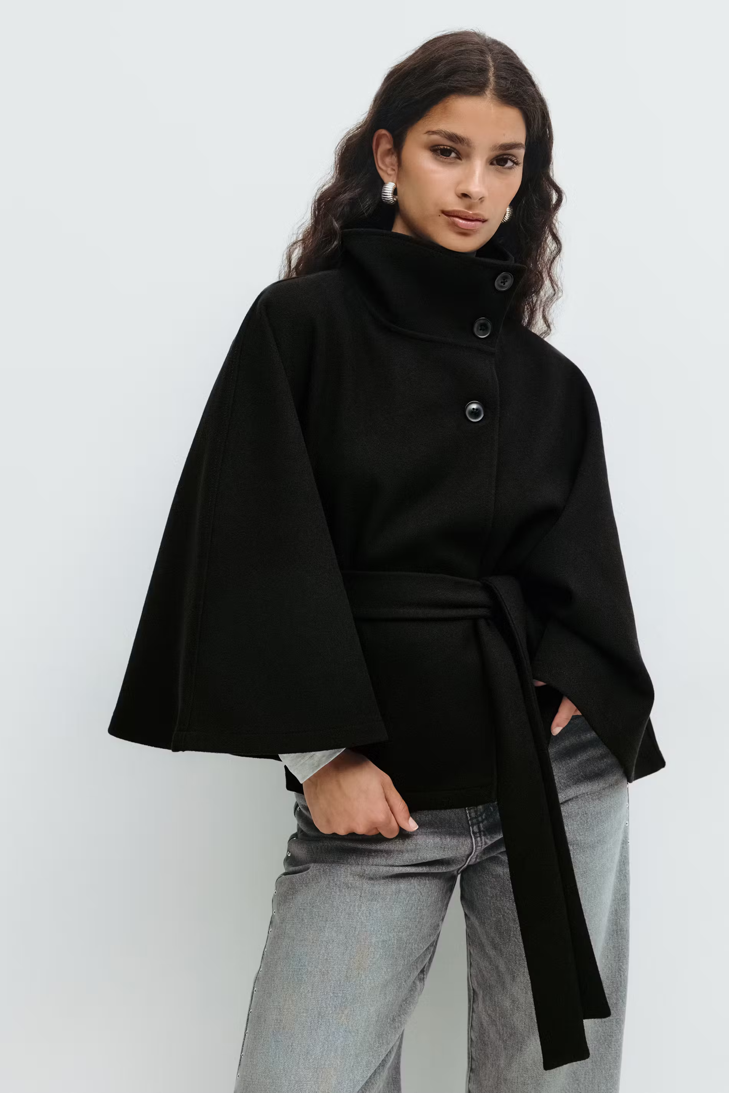 Cape Élégante Femme avec Ceinture et Col Montant