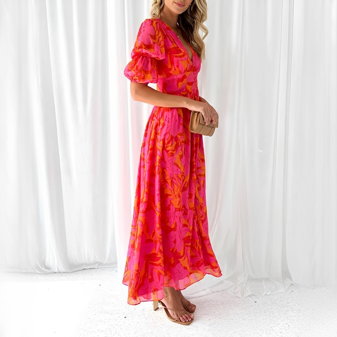 Robe Maxi Femme à Col V – Élégance Classique avec Manches Bouffantes