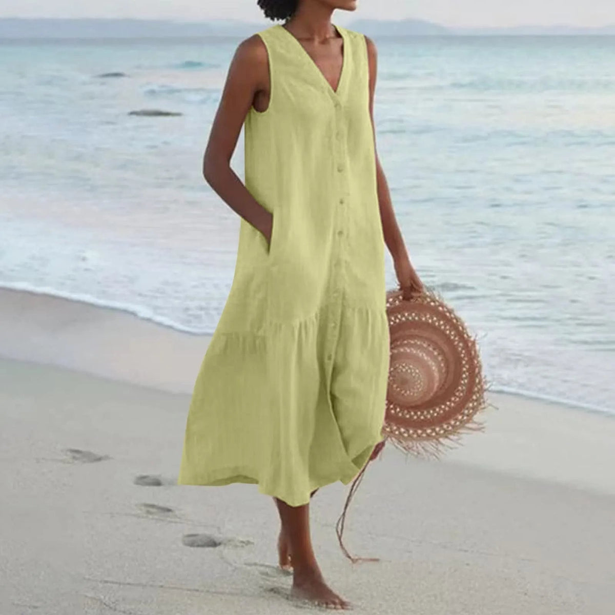 Robe Élégante à Col V – Charme Printanier & Élégance Féminine