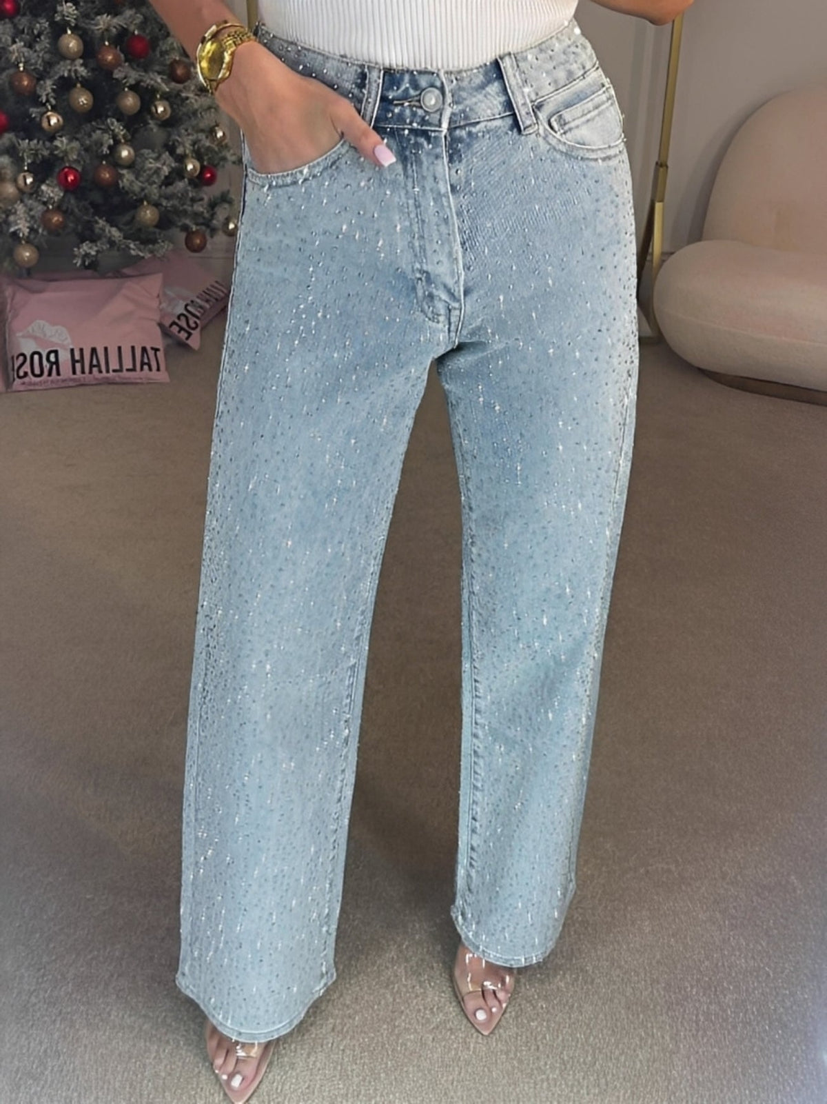 Jean Femme Taille Haute Brillant – Style Moderne avec Touche Glamour