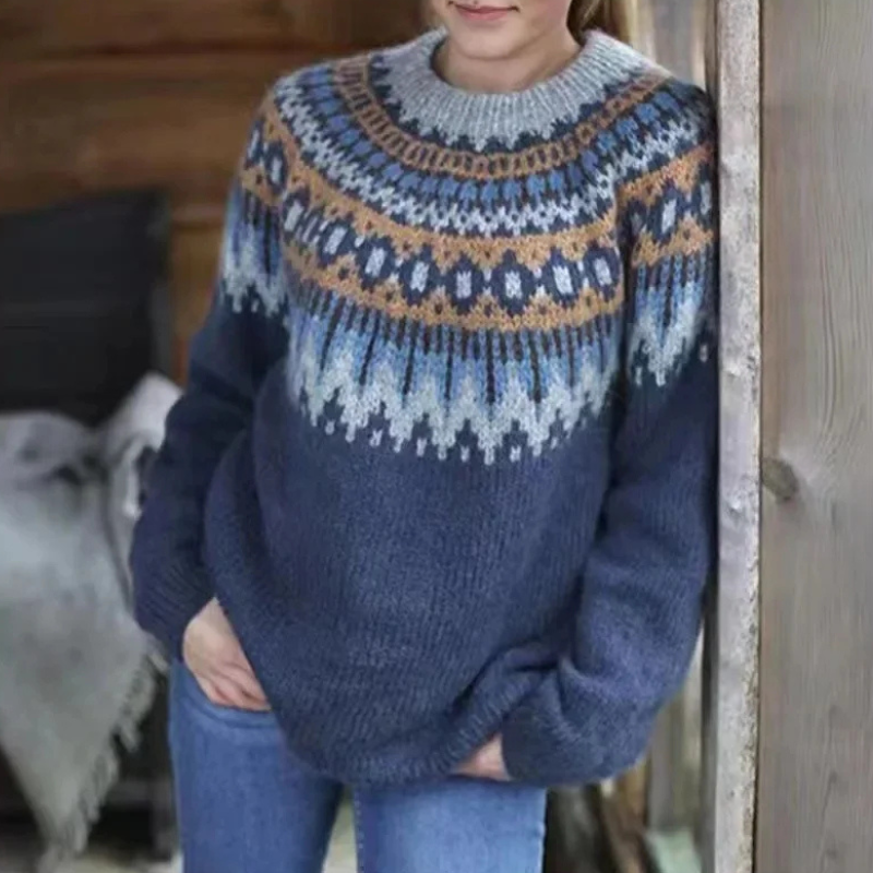 Philomène | Pull Femme Tricot Épais Motifs Tribaux Col Rond Hiver