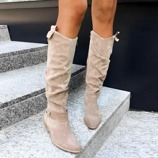 Séraphine | Bottines Femme Effet Cuir Hautes à Talon Bloc et Fermeture Latérale