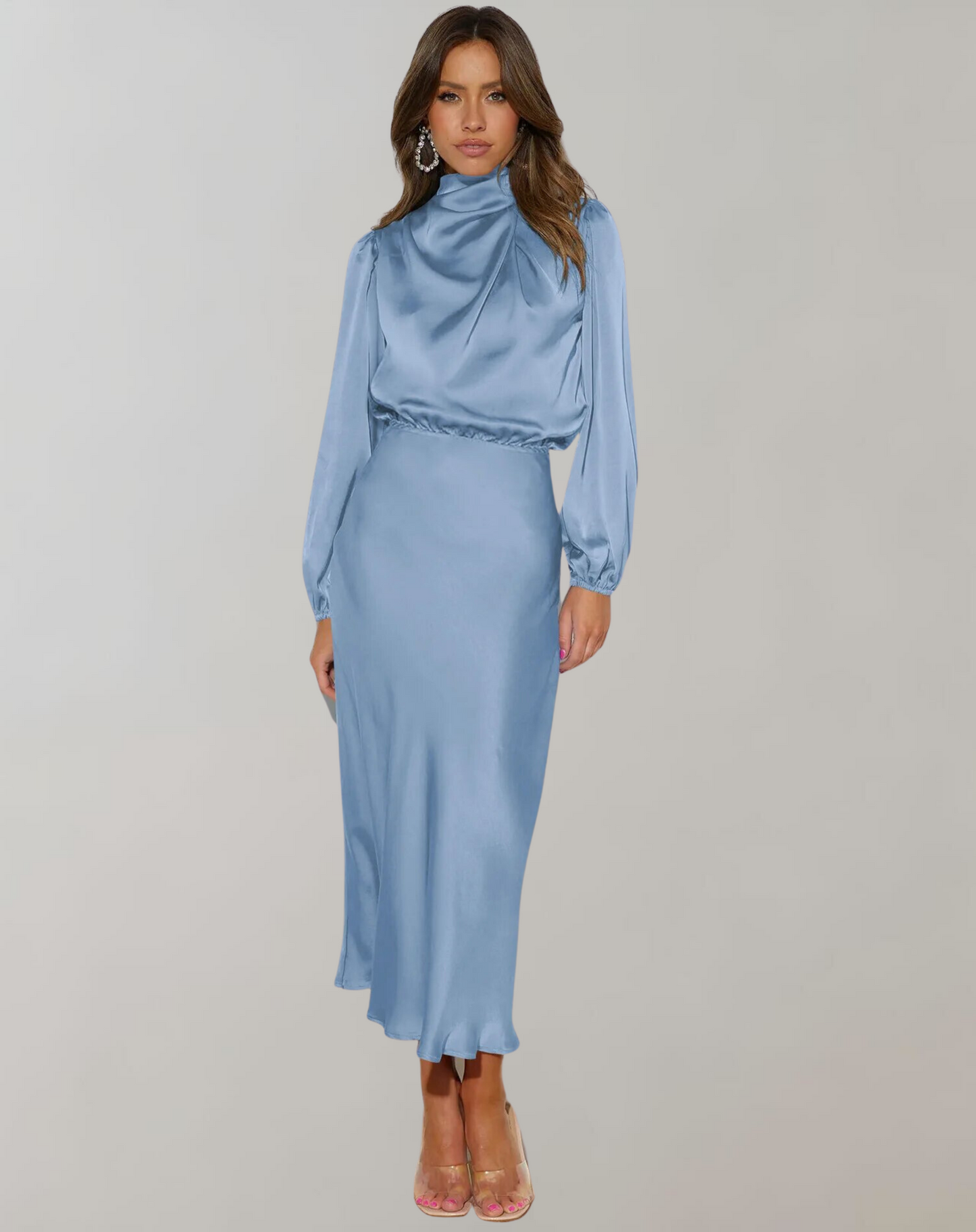 Justine | Robe de Soirée Satinée à Manches Bouffantes et Col Montant