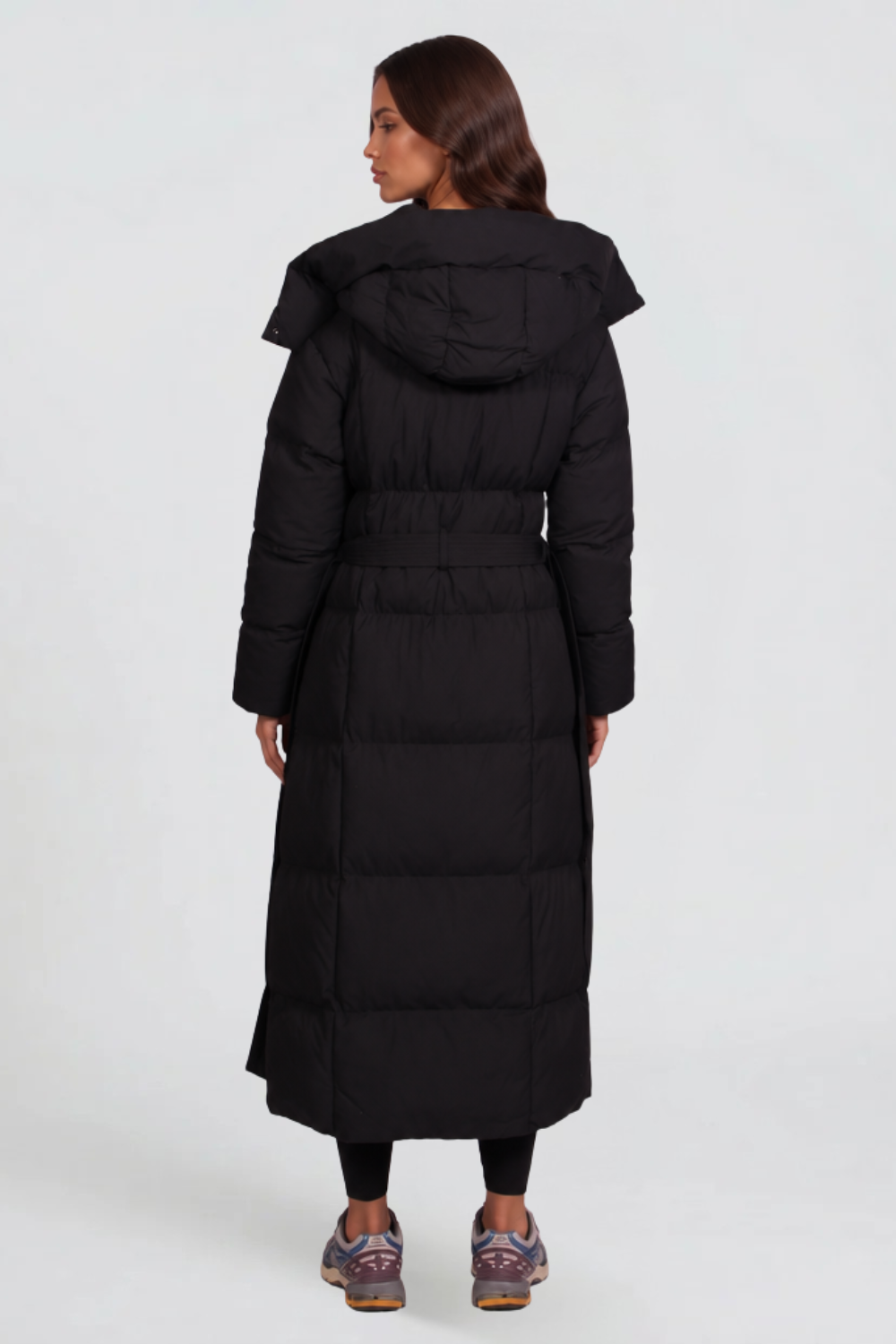 Manteau femme | Long manteau matelassé à capuche et ceinture à nouer pour les journées froides