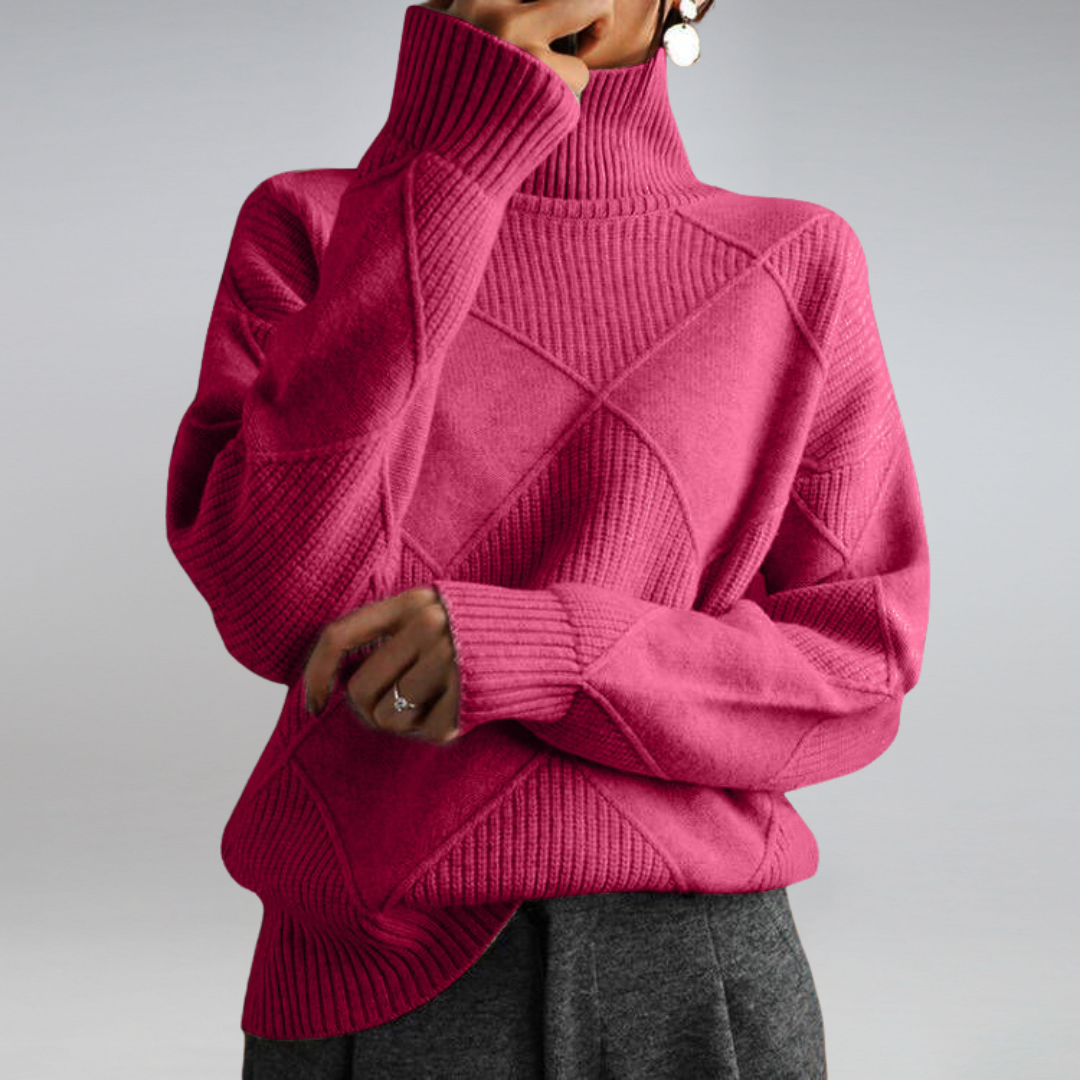 Isabelle | Pull femme col roulé à motif losange texturé