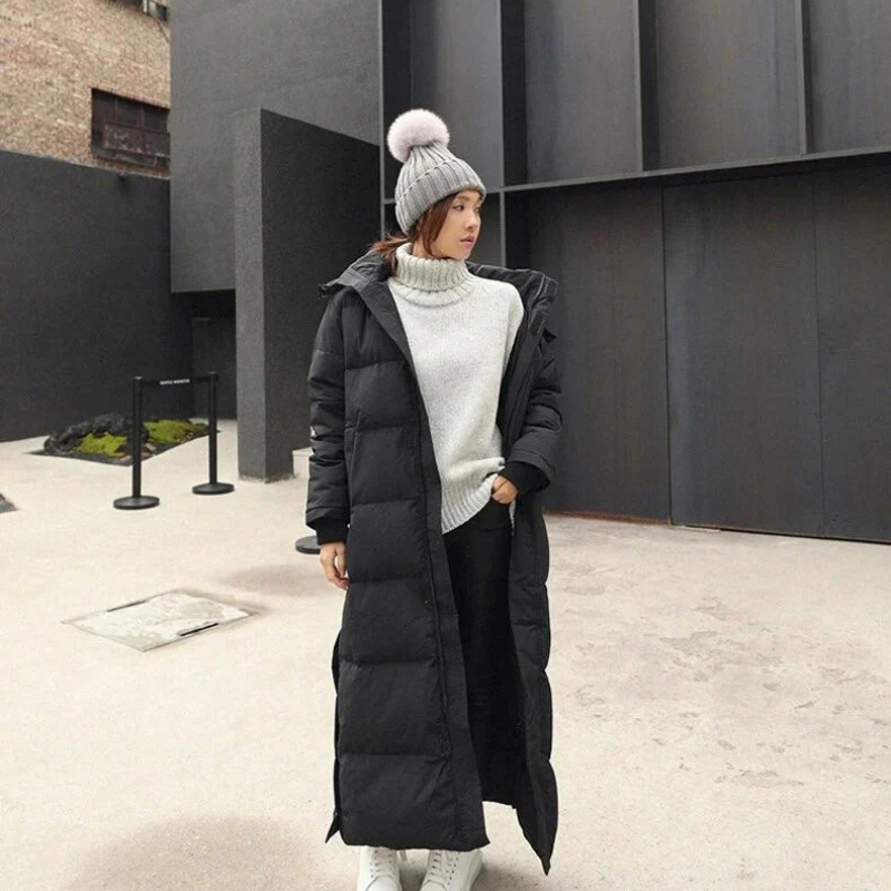 Ysoline | Manteau Long Hiver Femme Matelassé avec Capuche, Fermeture Éclair & Fentes Côté à Boutons