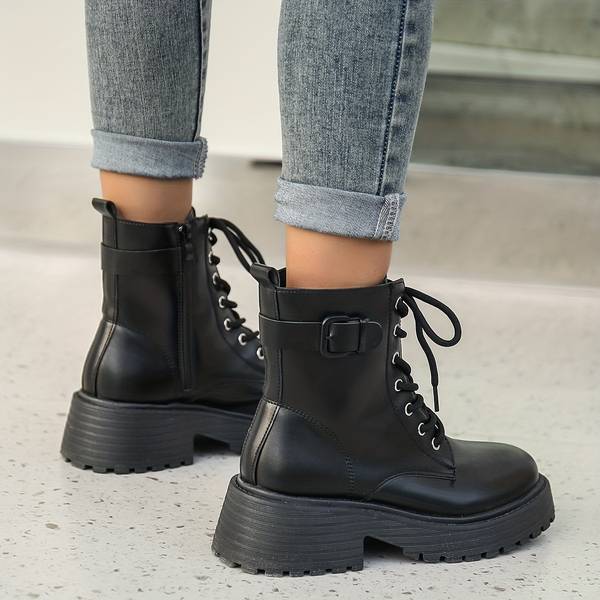 Euphrasie | Bottines Femme Style Combat à Lacets, Plateau et Fermeture Éclair Latérale
