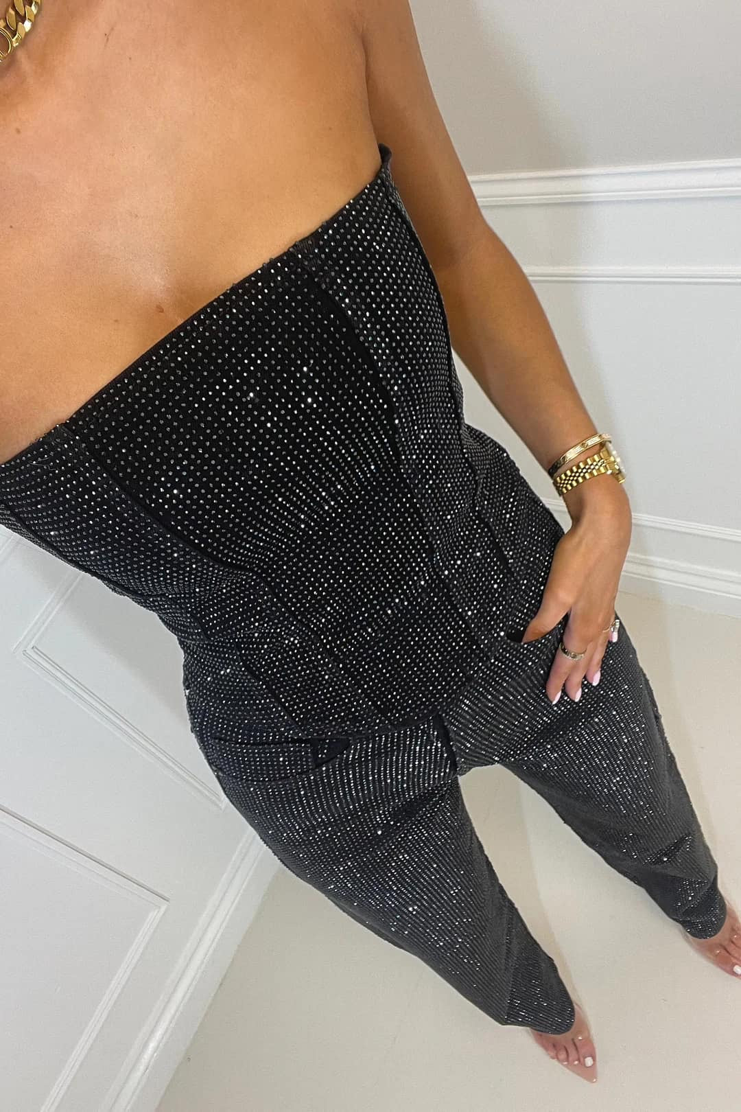 Jumpsuit Femme Sans Bretelles avec Effet Pailleté | Chic et Glamour pour Soirées