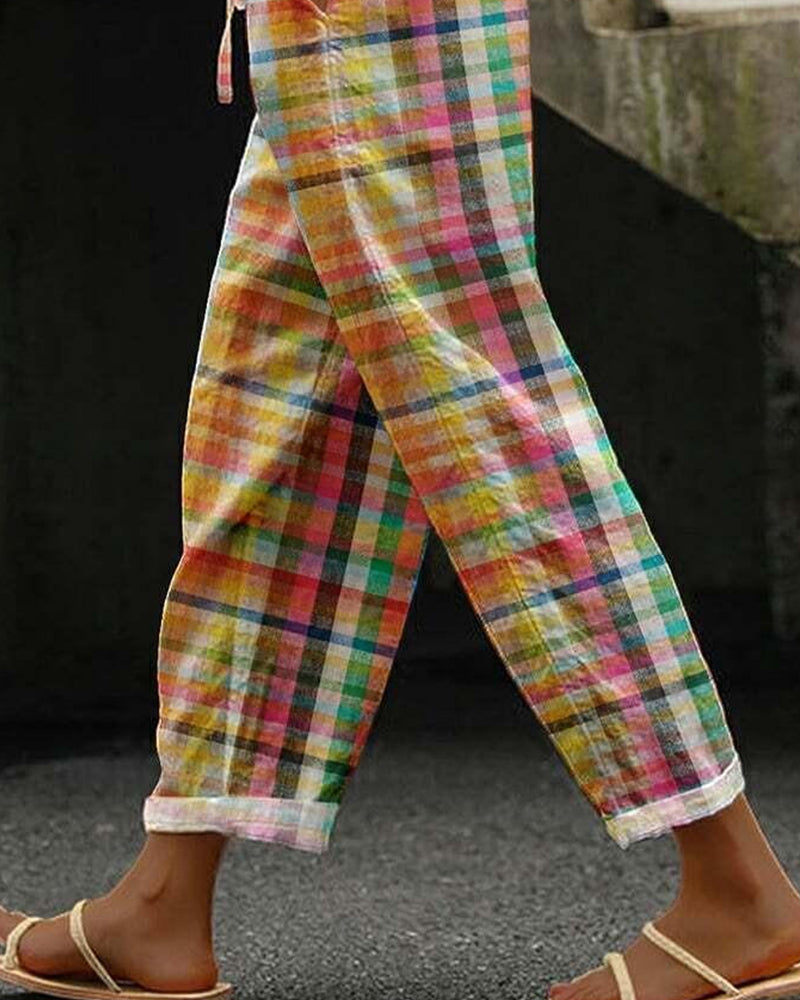 Mavie | Pantalon Femme Large en Lin à Carreaux Multicolores avec Taille à Cordon