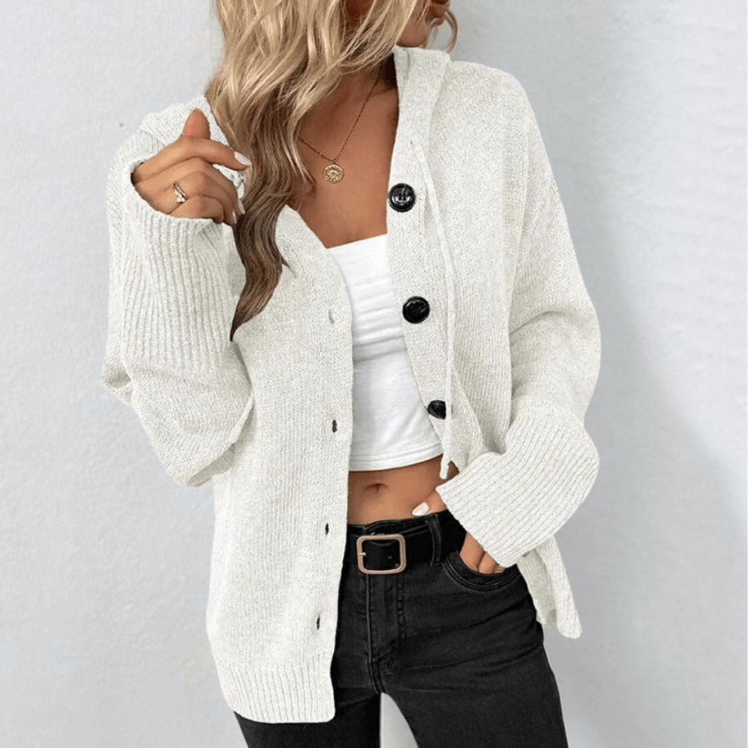 Olympe | Gilet Cardigan Femme à Capuche avec Boutons et Cordon de Serrage