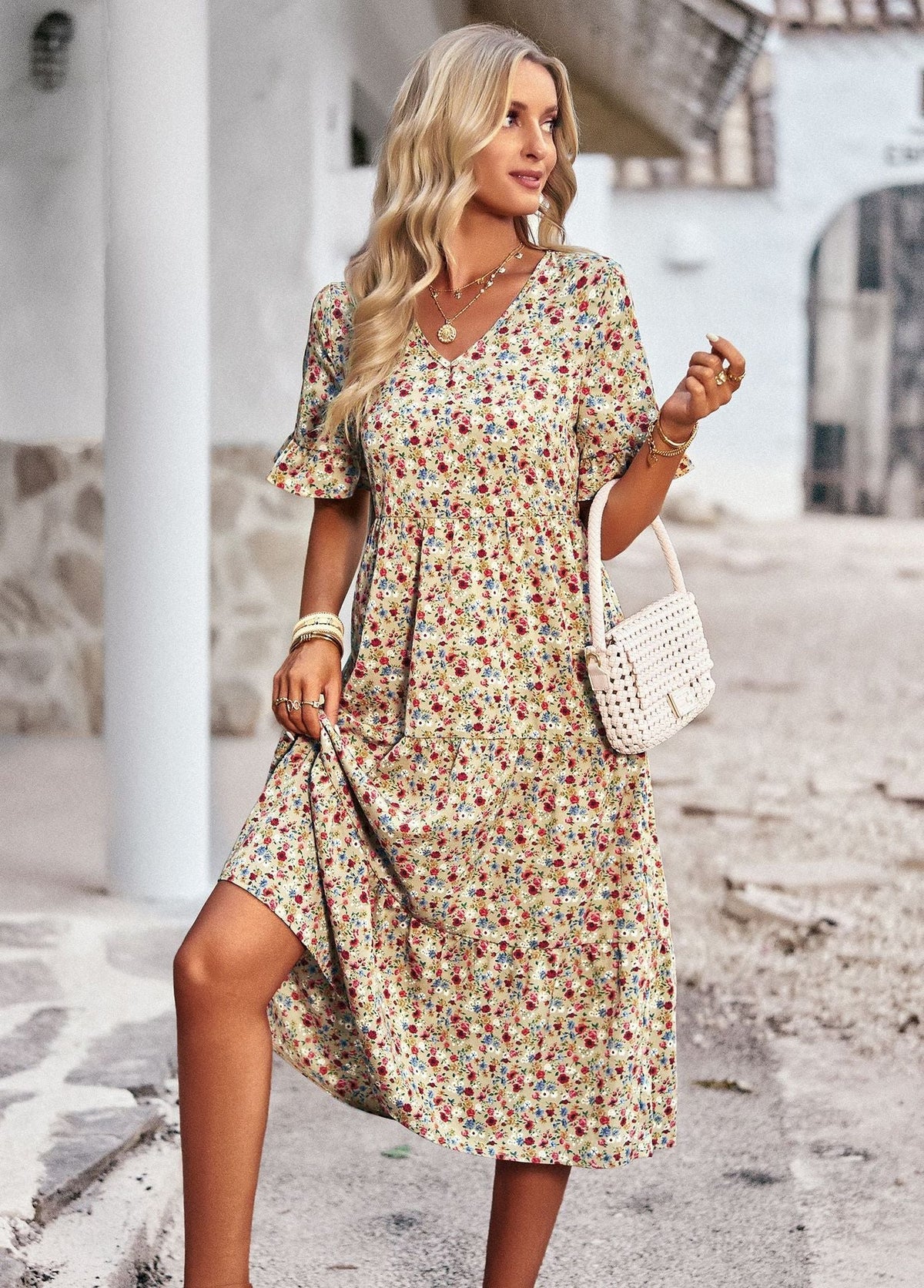 Robe Midi Femme Confortable à Motif Floral et Style Classique Élégant