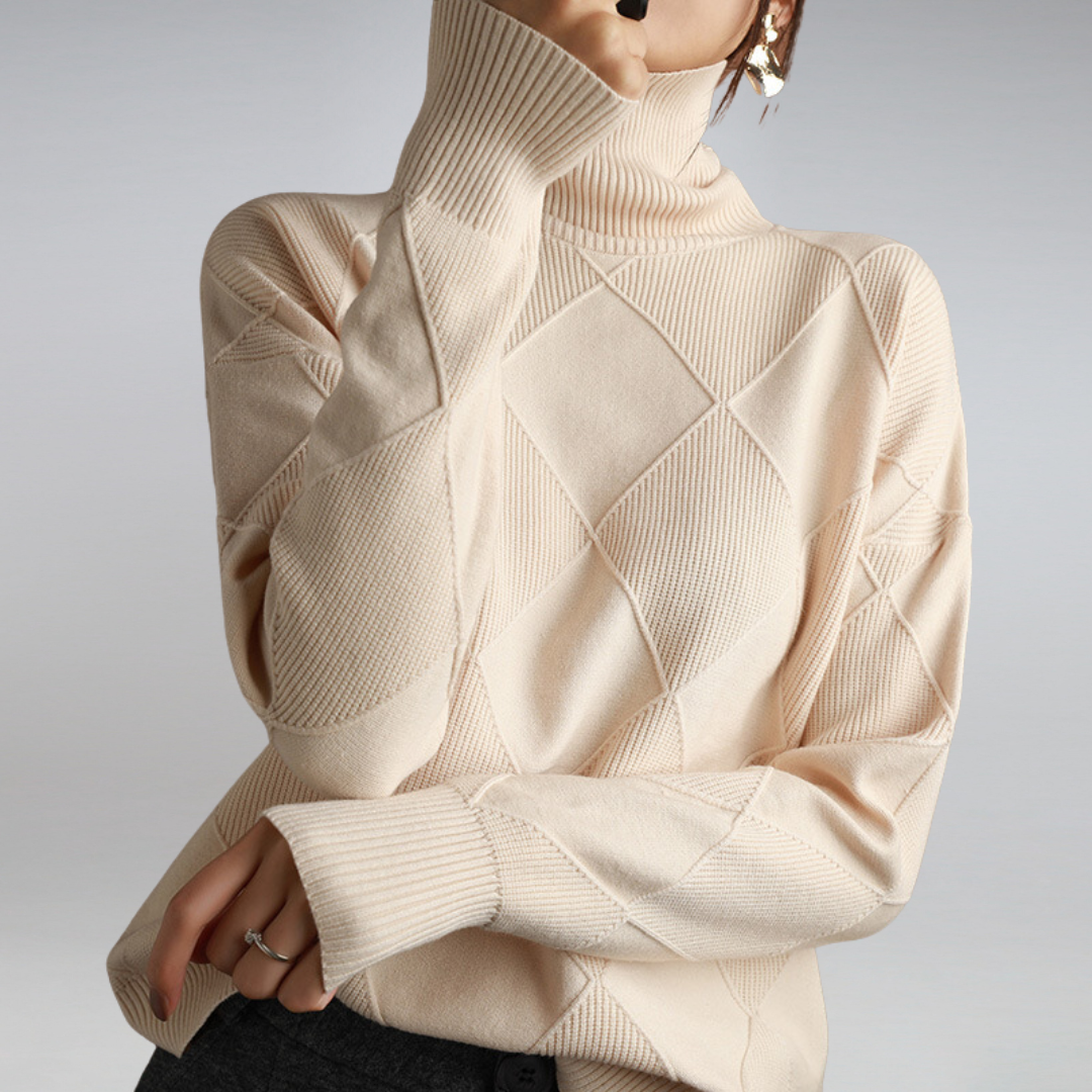 Isabelle | Pull femme col roulé à motif losange texturé