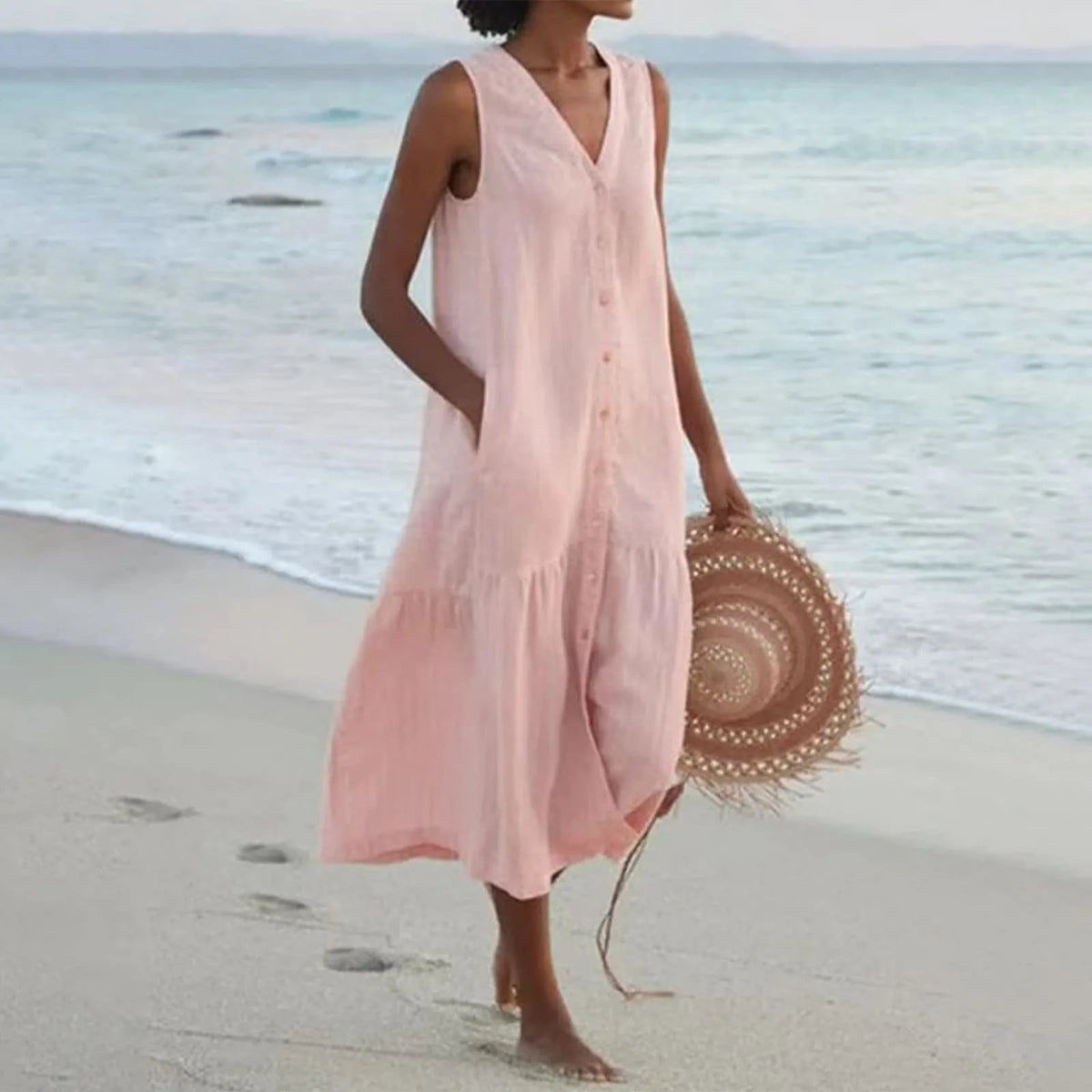 Robe Élégante à Col V – Charme Printanier & Élégance Féminine