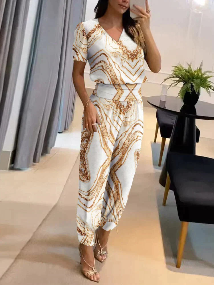 Mariette | Ensemble Décontracté Femme avec Blouse Col V Manches Courtes et Pantalon Taille Haute