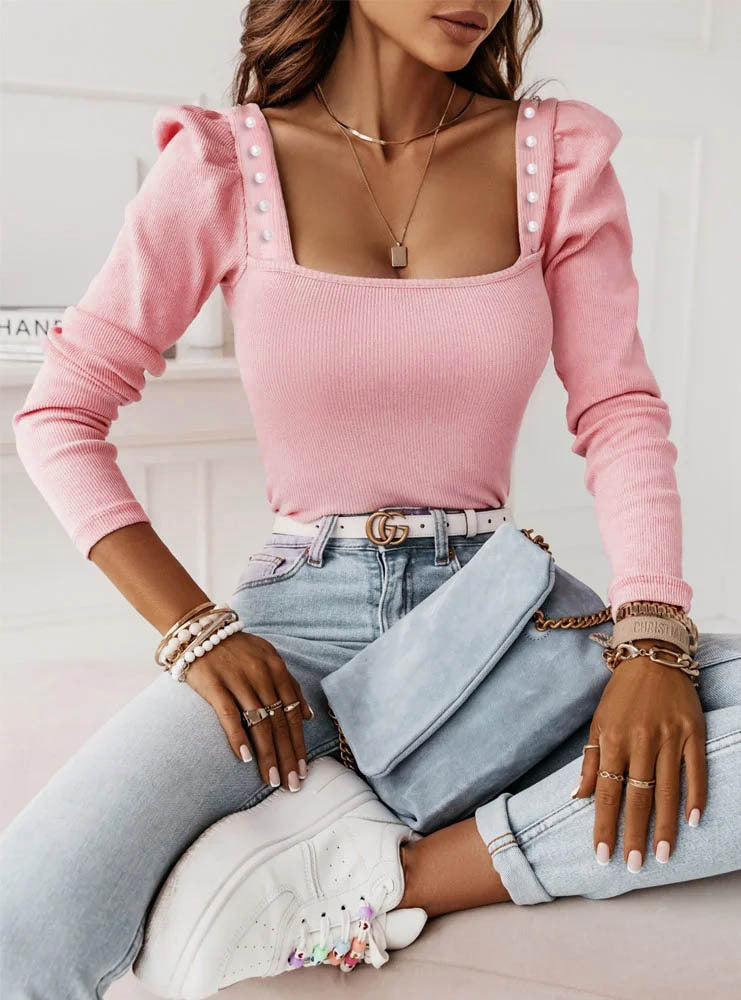 Top Femme Élégant à Col Carré avec Boutons Décoratifs et Coupe Ajustée