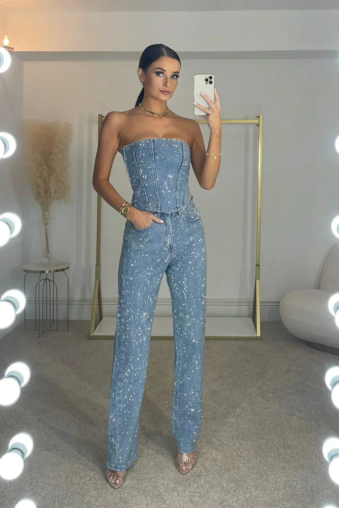 Jumpsuit Femme Sans Bretelles avec Effet Pailleté | Chic et Glamour pour Soirées
