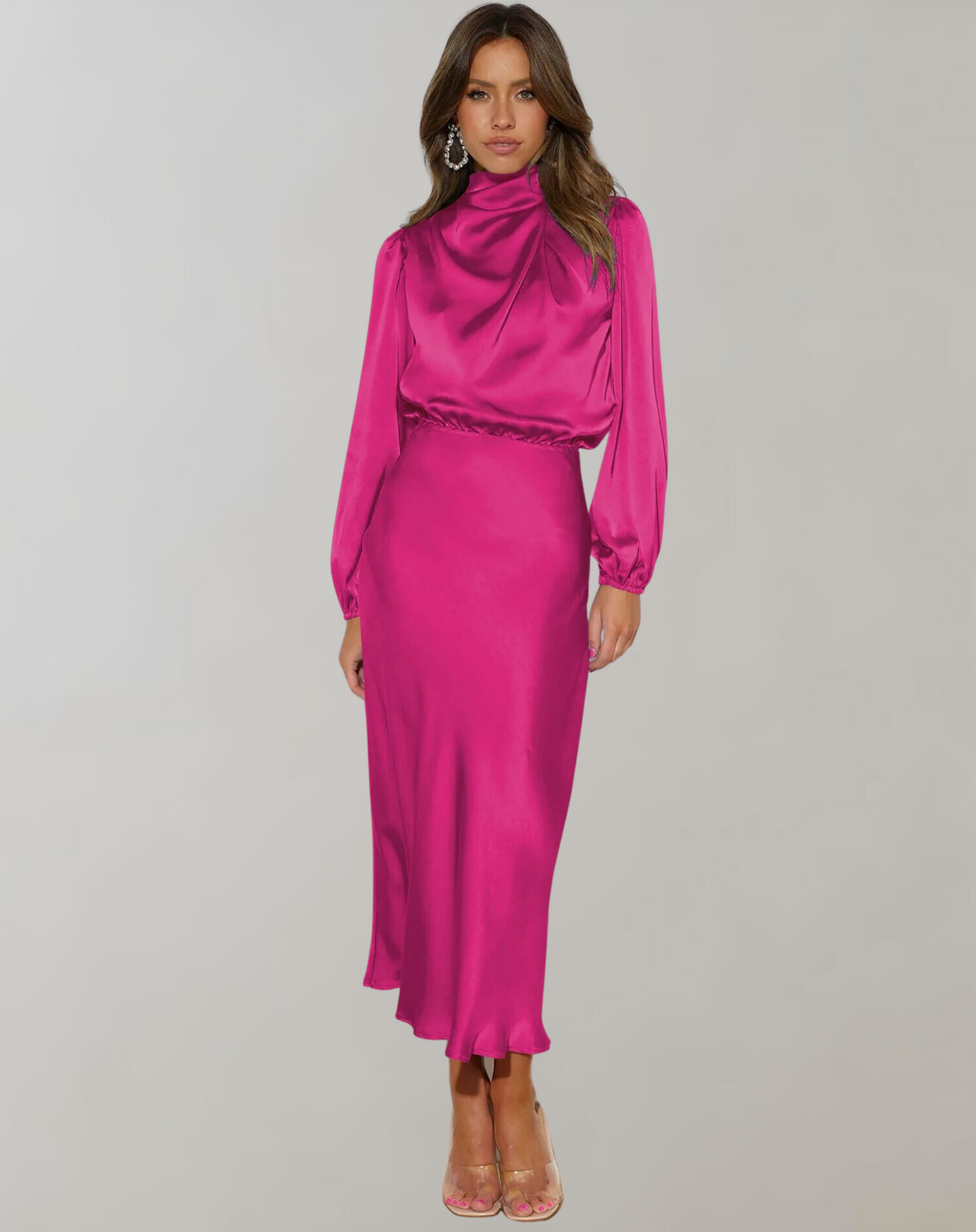 Justine | Robe de Soirée Satinée à Manches Bouffantes et Col Montant