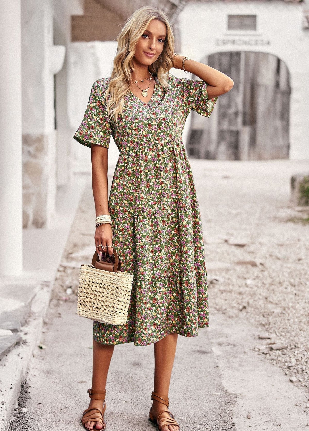 Robe Midi Femme Confortable à Motif Floral et Style Classique Élégant