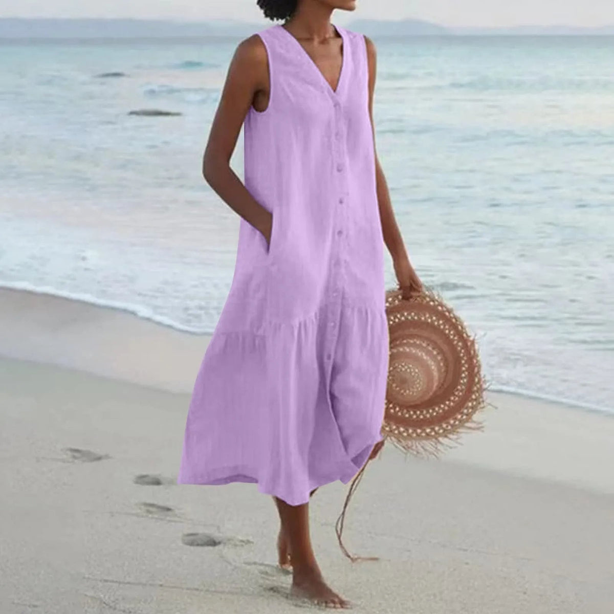 Robe Élégante à Col V – Charme Printanier & Élégance Féminine
