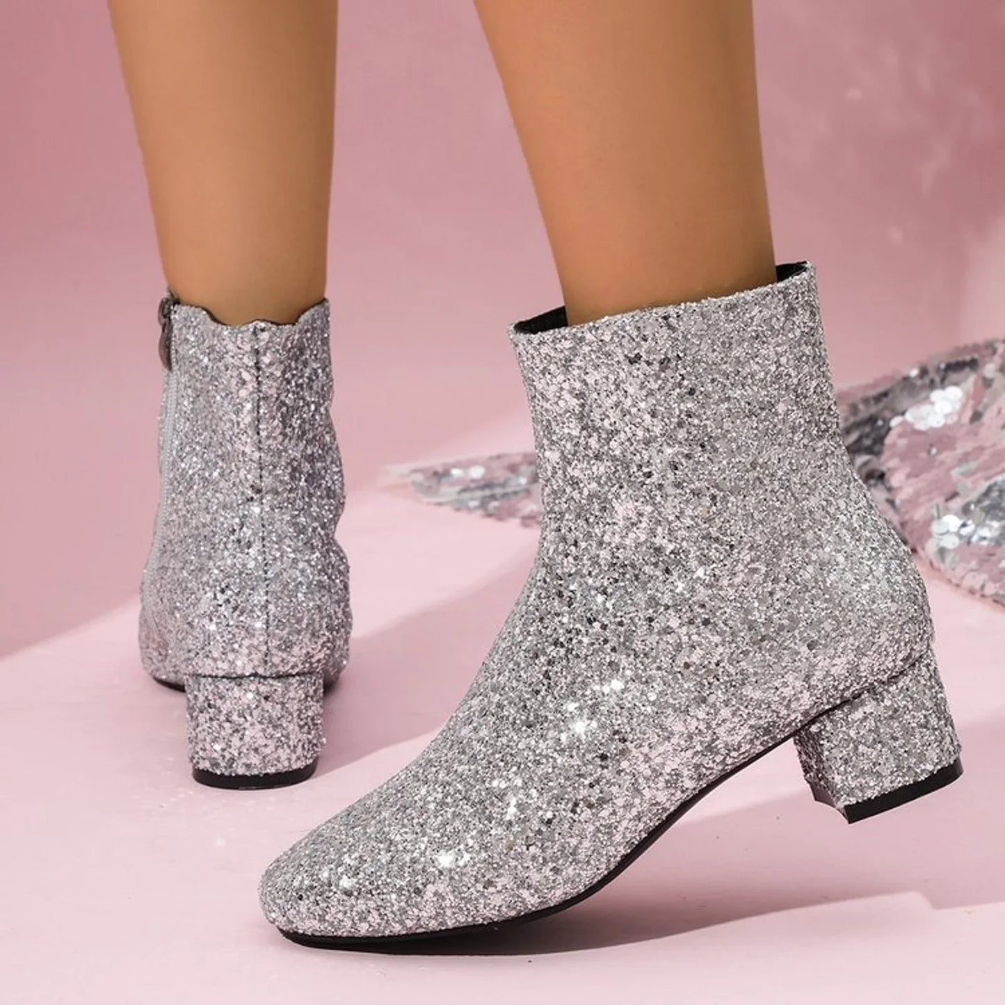 Arlette | Bottines à Talon Bloc Pailletées avec Fermeture Éclair, Élégantes et Confortables