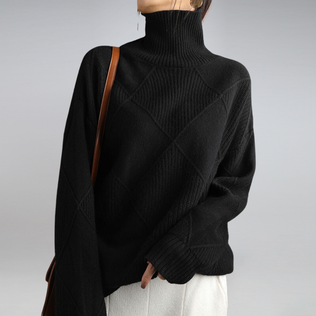 Isabelle | Pull femme col roulé à motif losange texturé