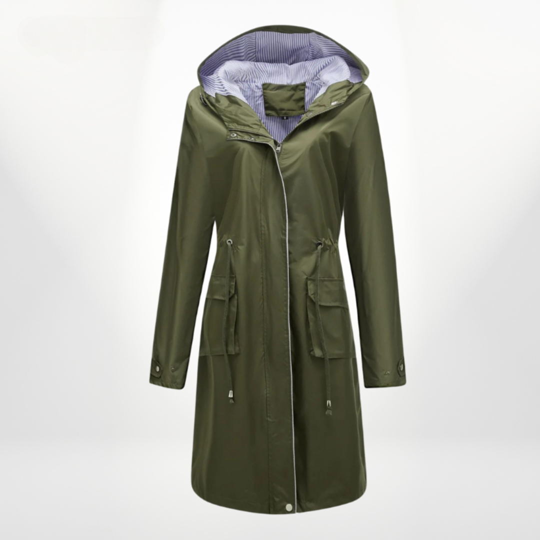 Laure | Trench Long Femme à Capuche et Taille Ajustable Kaki